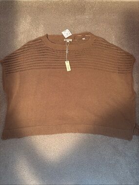 Max Studio Tan Open-Weave Cropped Crewneck Sweater